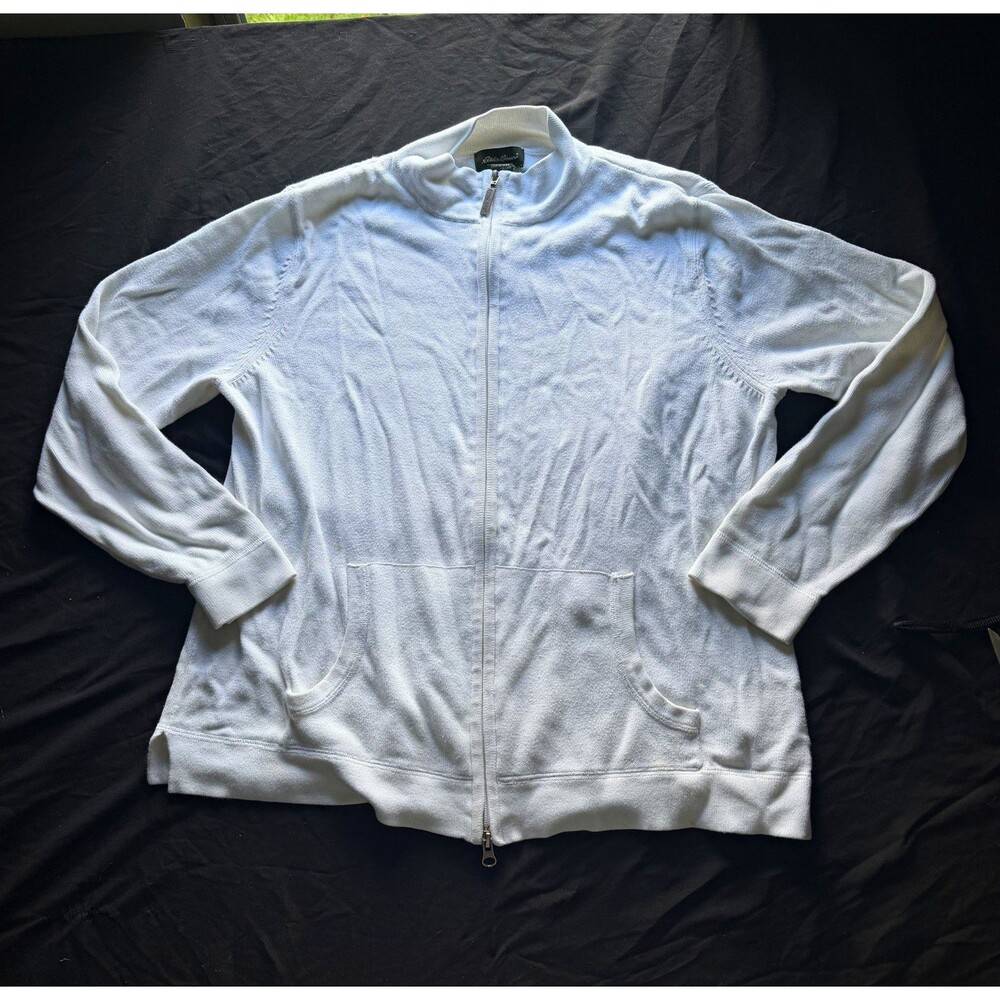 Eddie Bauer Womens Cotton Cardigan XL White Full Zip Mock Neck Sweater Pockets